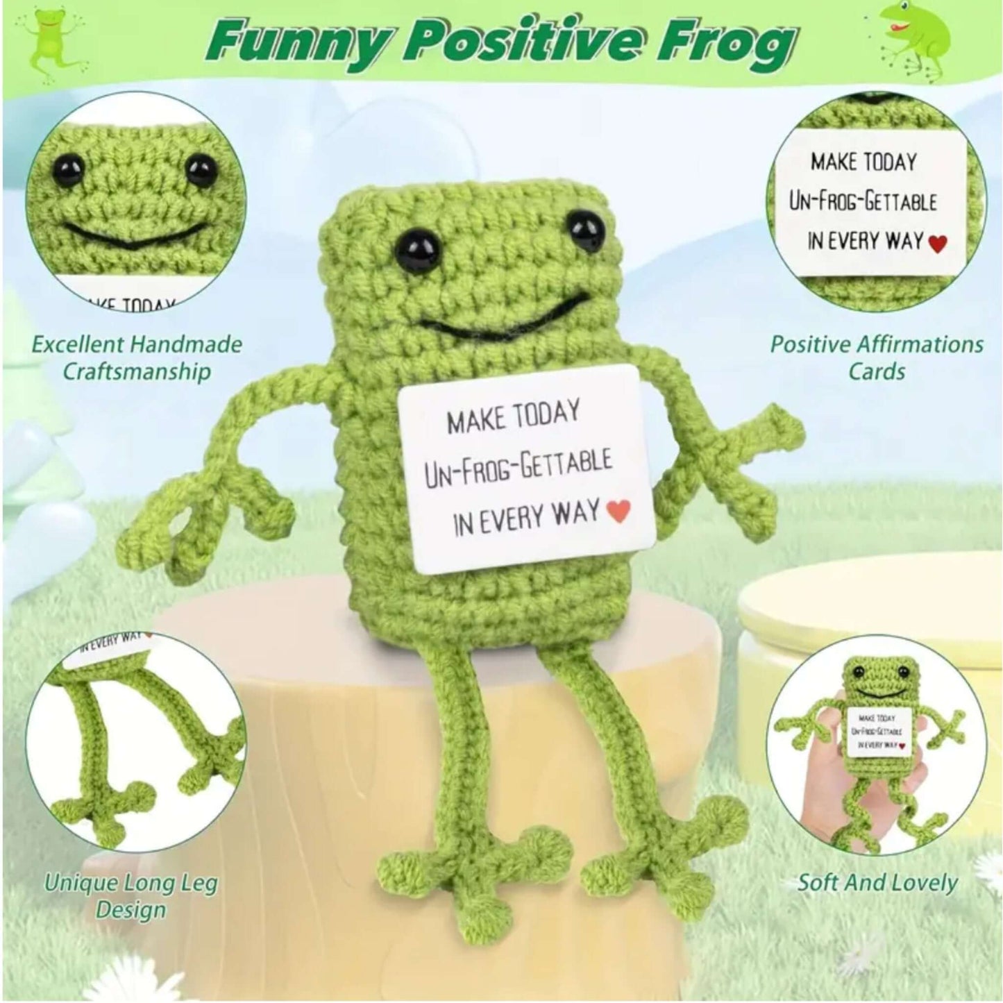 Positive Frog - Mini Amigurumi Doll With Affirmation Card - Handmade - Chopolino