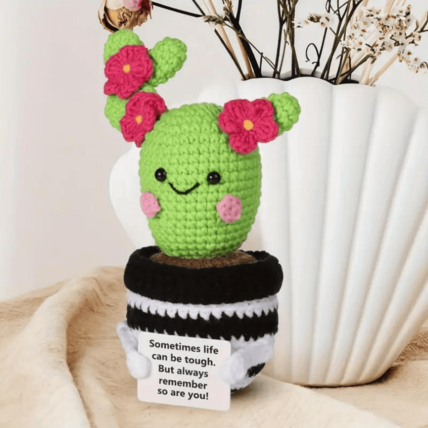 Handmade Amigurumi Cactus Doll with Positive Energy Card