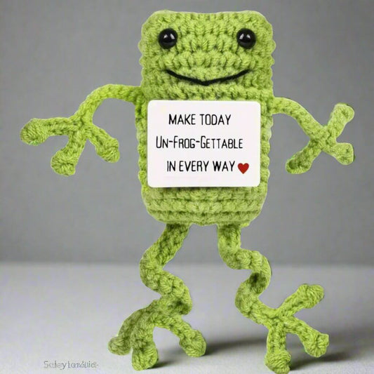 Handcrafted Crochet Amigurumi Smiling Frog Plush with Inspirational Message Sign - Chopolino